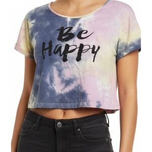 Be Happy Tie Dye Graphic Crop Top Shirt Purple Blue Yellow Womens Size M